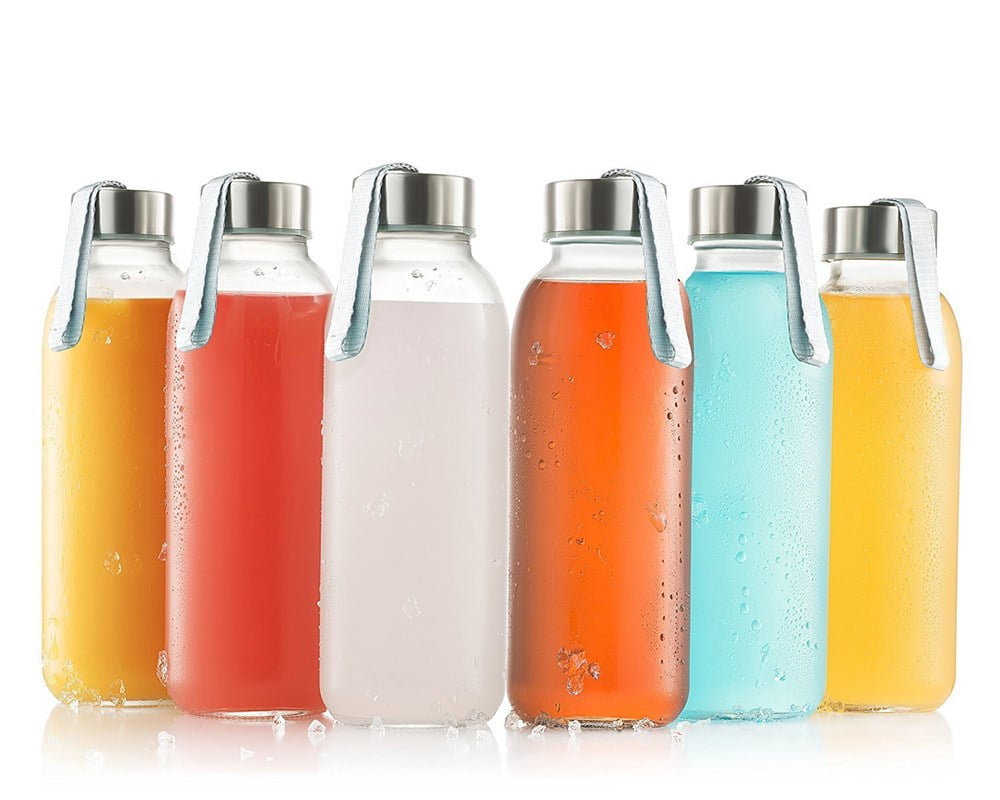 6-Pack with Multi-Color Loop Caps Pratico Kitchen 18oz Leak-Proof Clear Glass Bottles Water/Beverage Bottles Juicing Containers 
