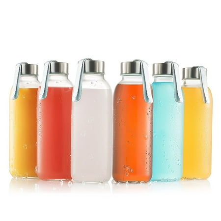 Glass Bottles 6 Pack 16oz - Water Bottle Glass With Stainless Steel Caps With