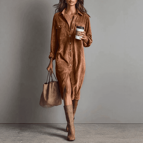 Women's Spring Corduroy Button Down Shirt Dress, Long Sleeve Lapel Midi Dress, Casual Loose Everyday Dress