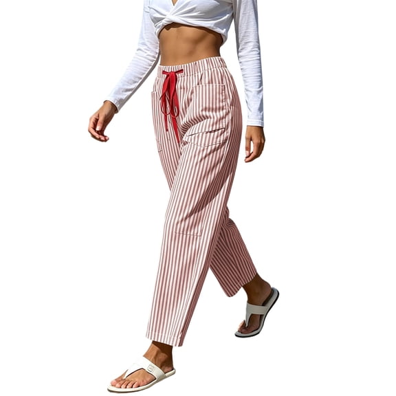 ZHYou No Boundarie Stripe Pants for Women Drawstring Straight Leg Casual Vacation Loungewear Loose Fit Trousers with Multi Pockets,Red,Size L