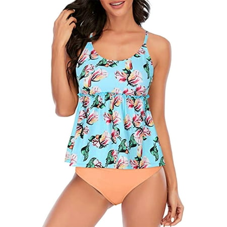 IDALL Tankini Swimsuits Bathing Suit High Waisted Bikini Push Up Two Piece Swimsuits Vintage Swimsuit Retro Halter Ruched Print Swim Suits for Women 2025 Womens Swimsuits Sky Blue M