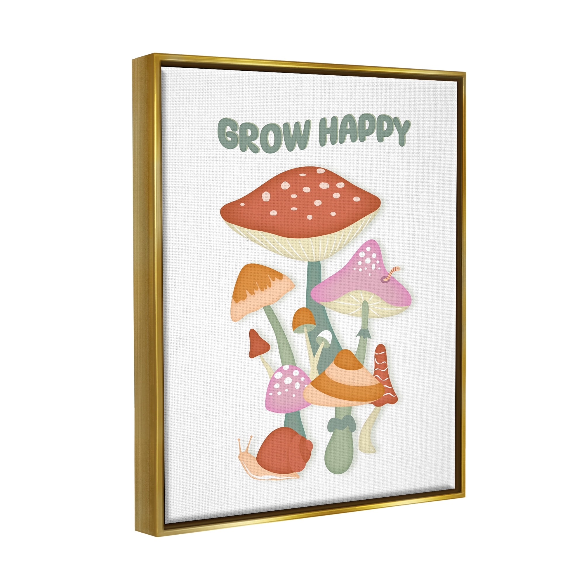 Stupell Industries Grow Happy Retro Mushrooms Botanical & Floral Painting Gold Floater Framed Canvas Art Print Wall Art, 17 x 21