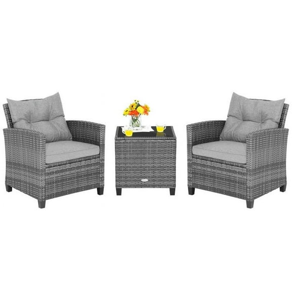 Barara King Conversation Loveseat Chairs Set, Garden Conversation Table Set, 3 Pieces Outdoor Wicker Conversation Set with Tempered Glass Tabletop-Gray