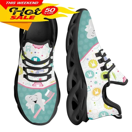 

New Trend Women Flats Cartoon Dentist Tooth Pattern Casual Shoes Breathable Mesh Female Sneakers Zapatos Mujer 2024
