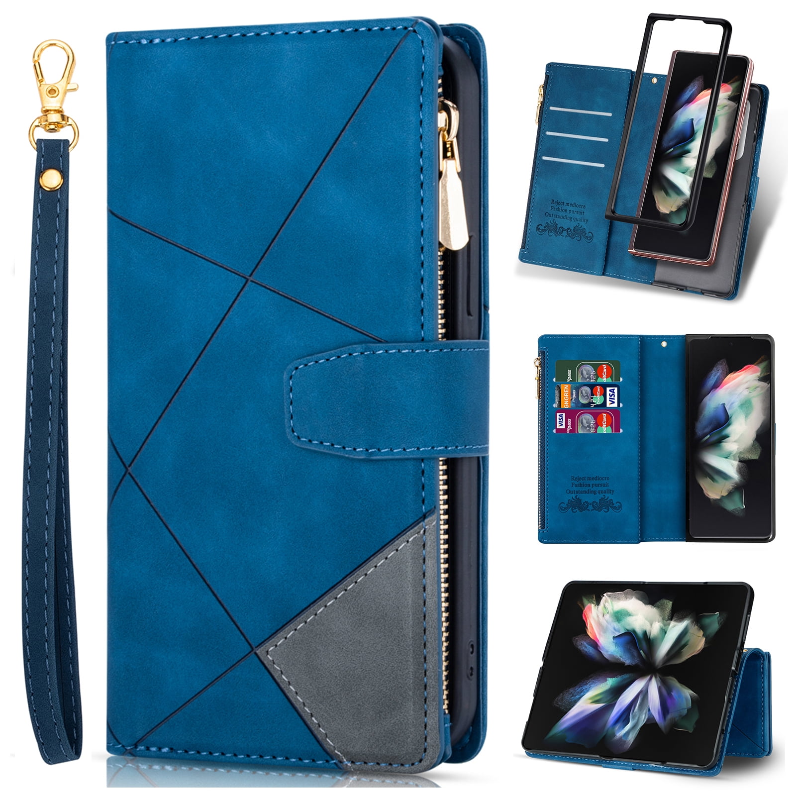 Galaxy Z Fold 3 5G Case(2021), Allytech Wallet Case Zipper PU Leather  Anti-Scratch Card Slots Flip Kickstand Wrist Lanyard Strap Magnetic Closure  Purse Case for Samsung Galaxy Z Fold 3(7.6"), Black -