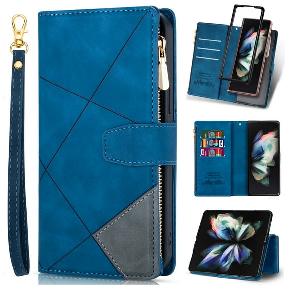 Galaxy Z Fold 3 5G Case(2021), Allytech Wallet Case Zipper PU Leather Anti-Scratch Card Slots Flip Kickstand Wrist Lanyard Strap Magnetic Closure Purse Case for Samsung Galaxy Z Fold 3(7.6"), Blue