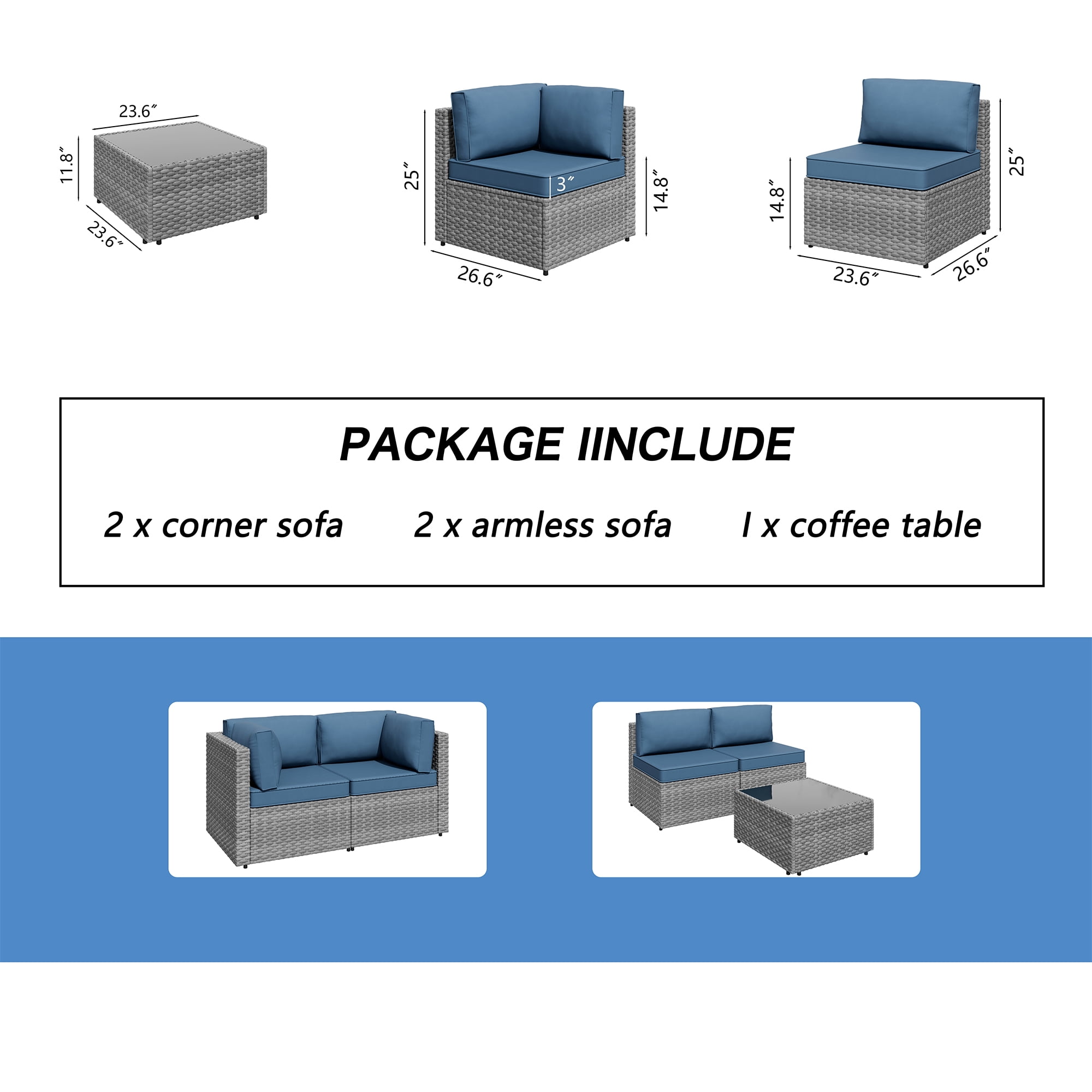 Walsunny 5 Pieces Patio Furniture Sets, Outdoor Wicker Rattan Patio Conversation Set with Cushions and Glass Table for Backyard, Garden,Pool, Silver Rattan Dark Blue Cushions