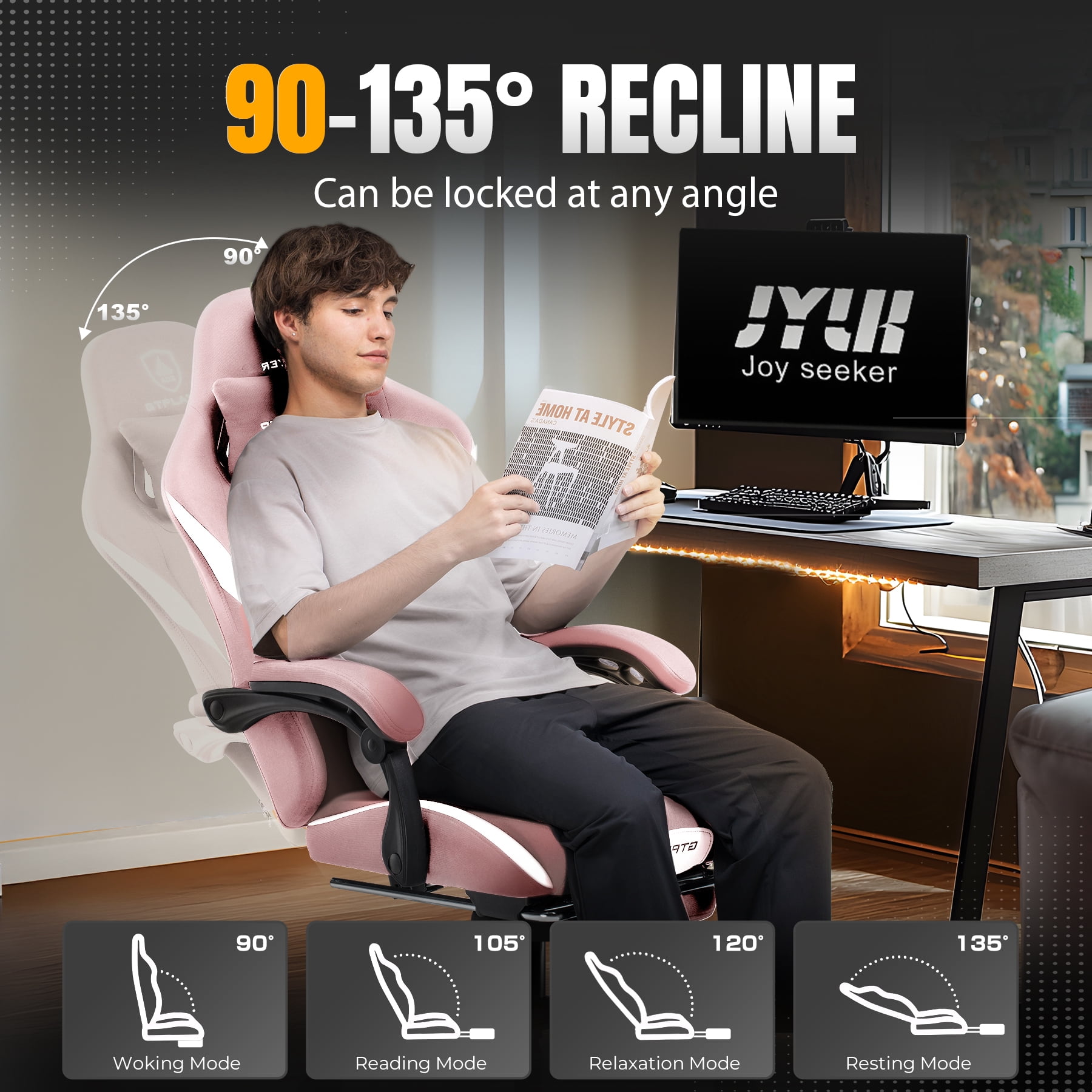 GTPLAYER Gaming Chair Fabric Office Chair with Foorest&Linkage Armrests, Pink