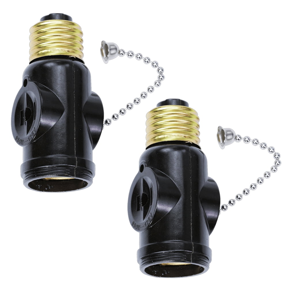 E26 Bulb Socket to 2 Outlet Adapter Light Holder Splitter Pull Chain Switch US 