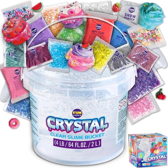 Slime Kit For Kids, 64 FL OZ Premade Clear Crystal Slime Bucket With 29 Add-Ins, 4 LB Jumbo Glassy Slime Toy, FUNKIDZ, Clear, For Girls And Boys