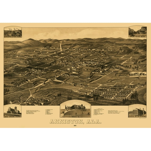 Historic Panoramic View - Anniston Alabama - Beck 1887 - Vintage Wall Art