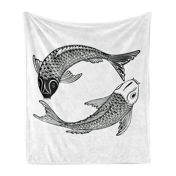 Koi Fish Soft Flannel Fleece Throw Blanket, Illustration of 2 Japanese Carps of Love Friendship and Prosperity, Cozy Plush for Indoor and Outdoor Use, 60" x 80", Black and White, by Ambesonne