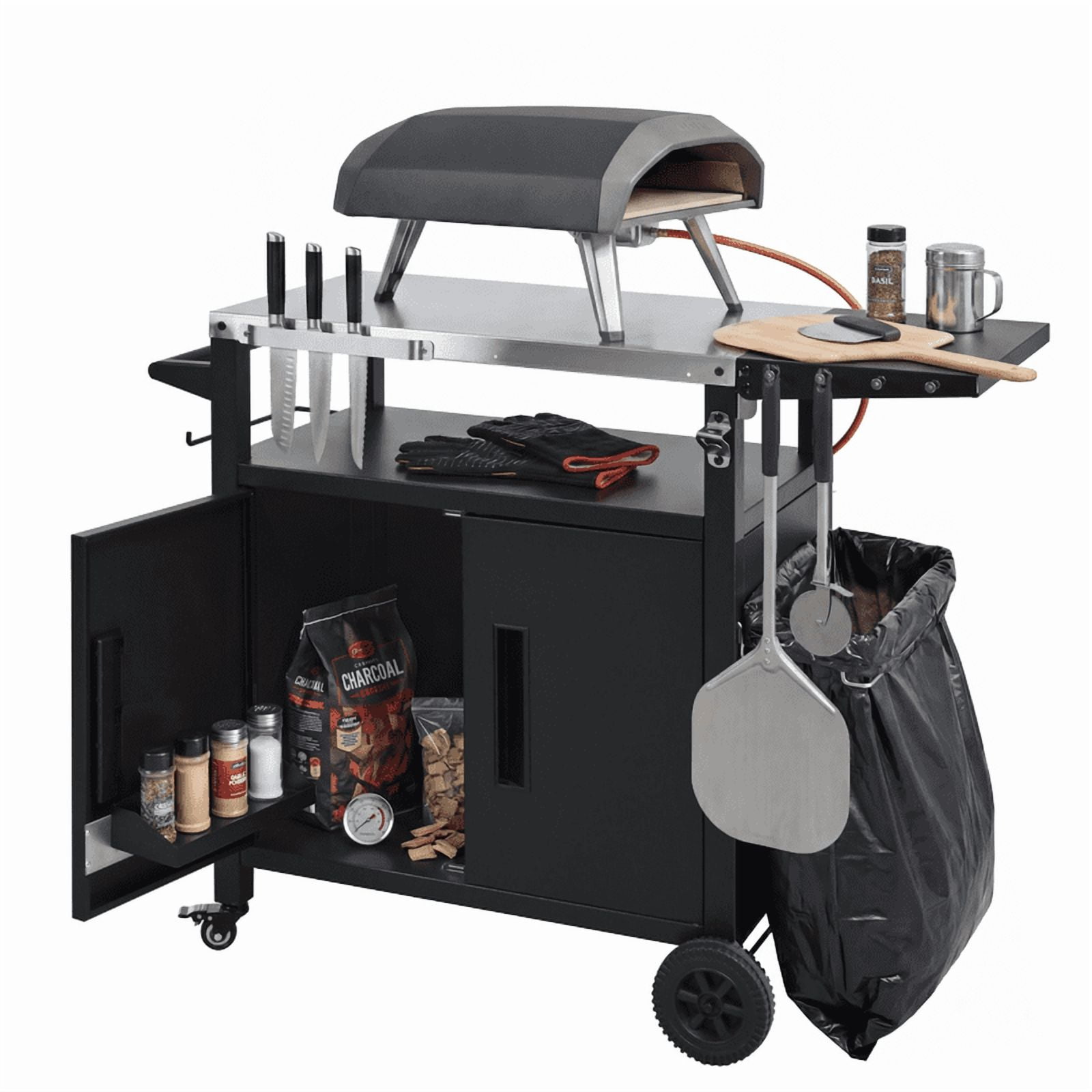 Outdoor Grill Cart with Stainless Steel Top, Outdoor Kitchen Island with Foldable Table, Pizza Oven Table with Wheels & Hooks