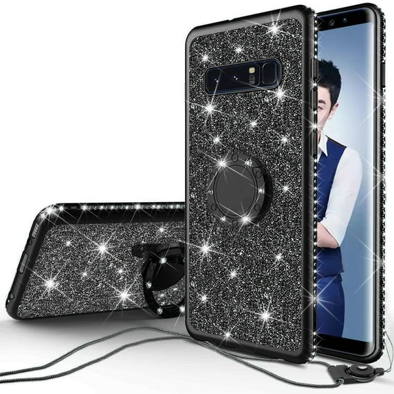 SOGA Diamond Bling Glitter Cute Phone Case with Kickstand Compatible for Samsung Galaxy S10 Case, Rhinestone Bumper Slim with Ring Stand and Lanyard Girls Women Cover - Black
