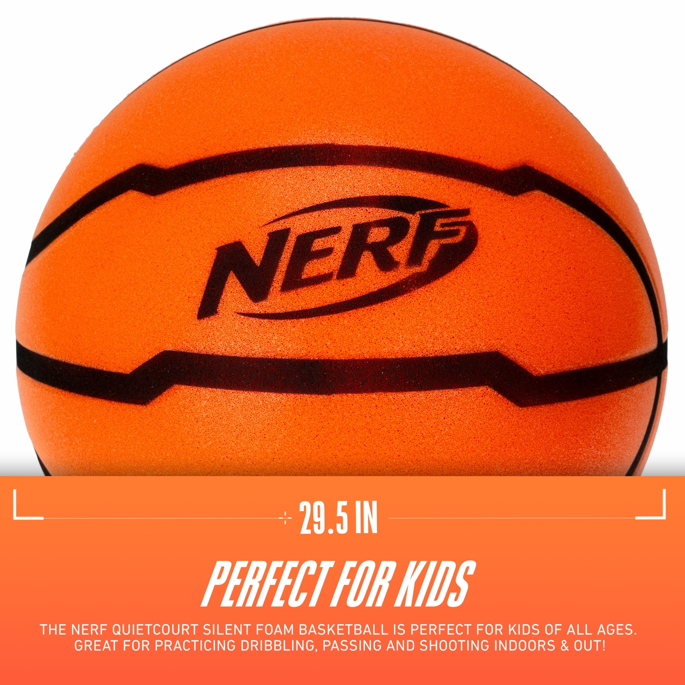 NERF Quietcourt Silent Foam Basketball - Official Size Quiet Ball for Indoor Dribbling Practice + Drills - 29.5" Inch Kids + Youth Basketball - Never Goes Flat Foam Construction