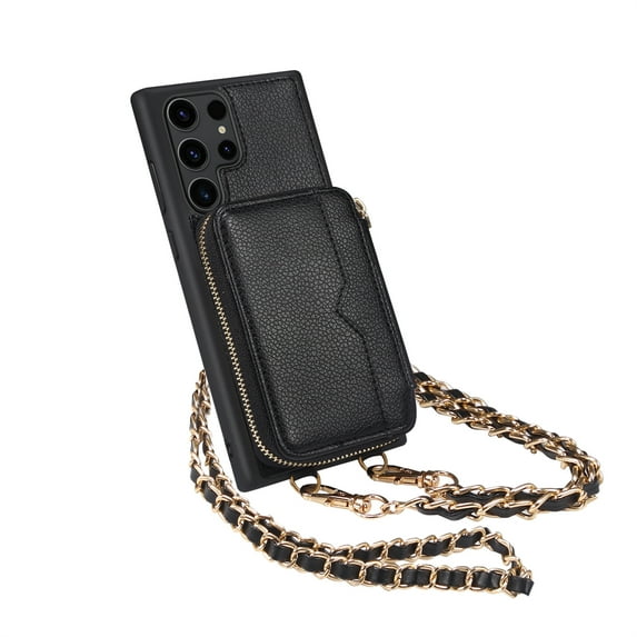 Jiahe Cover for Samsung Galaxy S22 Plus, Crossbody Zipper Wallet Case,Shockproof PU Leather Kickstand Folio Case with Card Slots Holder Shoulder Strap Lanyard Case Cover, black