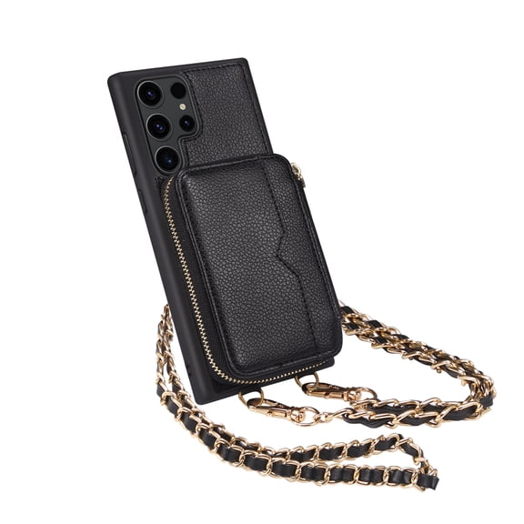 Jiahe Cover for Samsung Galaxy S22 Plus, Crossbody Zipper Wallet Case,Shockproof PU Leather Kickstand Folio Case with Card Slots Holder Shoulder Strap Lanyard Case Cover, black