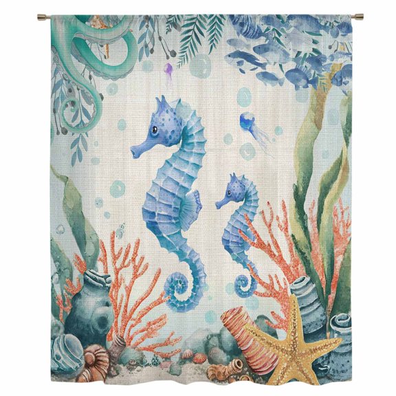 Seahorse Coastal Sheer Curtains 54 Inches Long, Summer Nautical Starfish Coral Beige Light Filering Curtains, Breathable Simi Curtain Privacy Drapes for Kitchen Bathroom Small Window Treatment