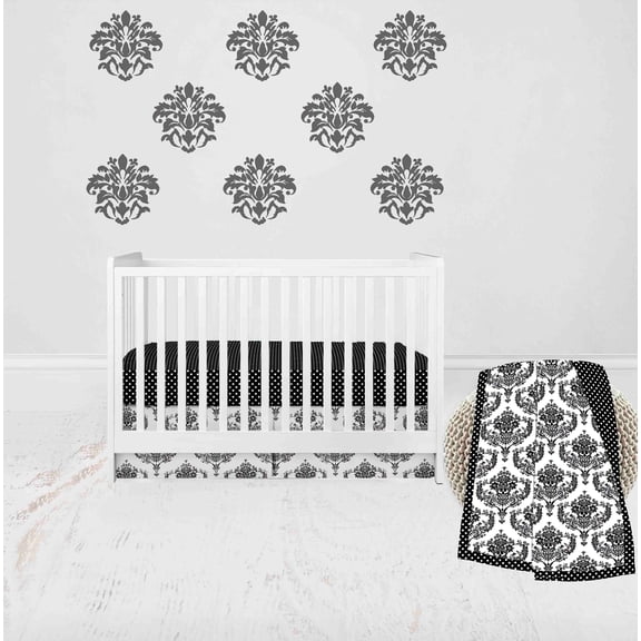 Bacati - Classic Damask 3-Piece Crib Bedding Set - Black/Grey/White Unisex