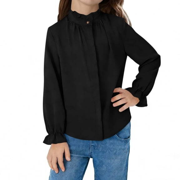 BaoFuBaoMei Button down Shirts for Girls Back to School Solid Color Long Lantern Sleeve Tops Ruffle Ruched Pleated Slim Mock Neck Fall Outfits for School Daily Wear Outdoor