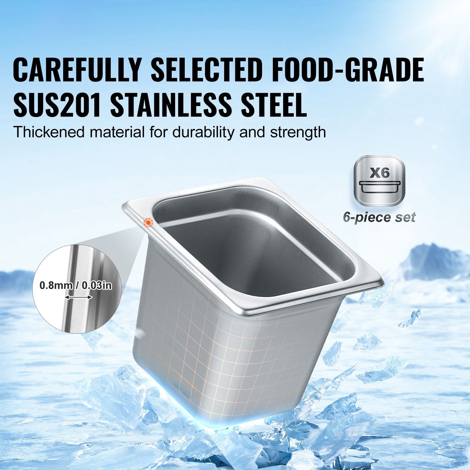 6-Pack 1/6-Size Stainless Steel Steam Table Pans, 6-Inch Depth, Food-Grade SUS201, Heat & Cold Resistant, Anti-Stacking Grooves, for Restaurants, Catering & Buffets