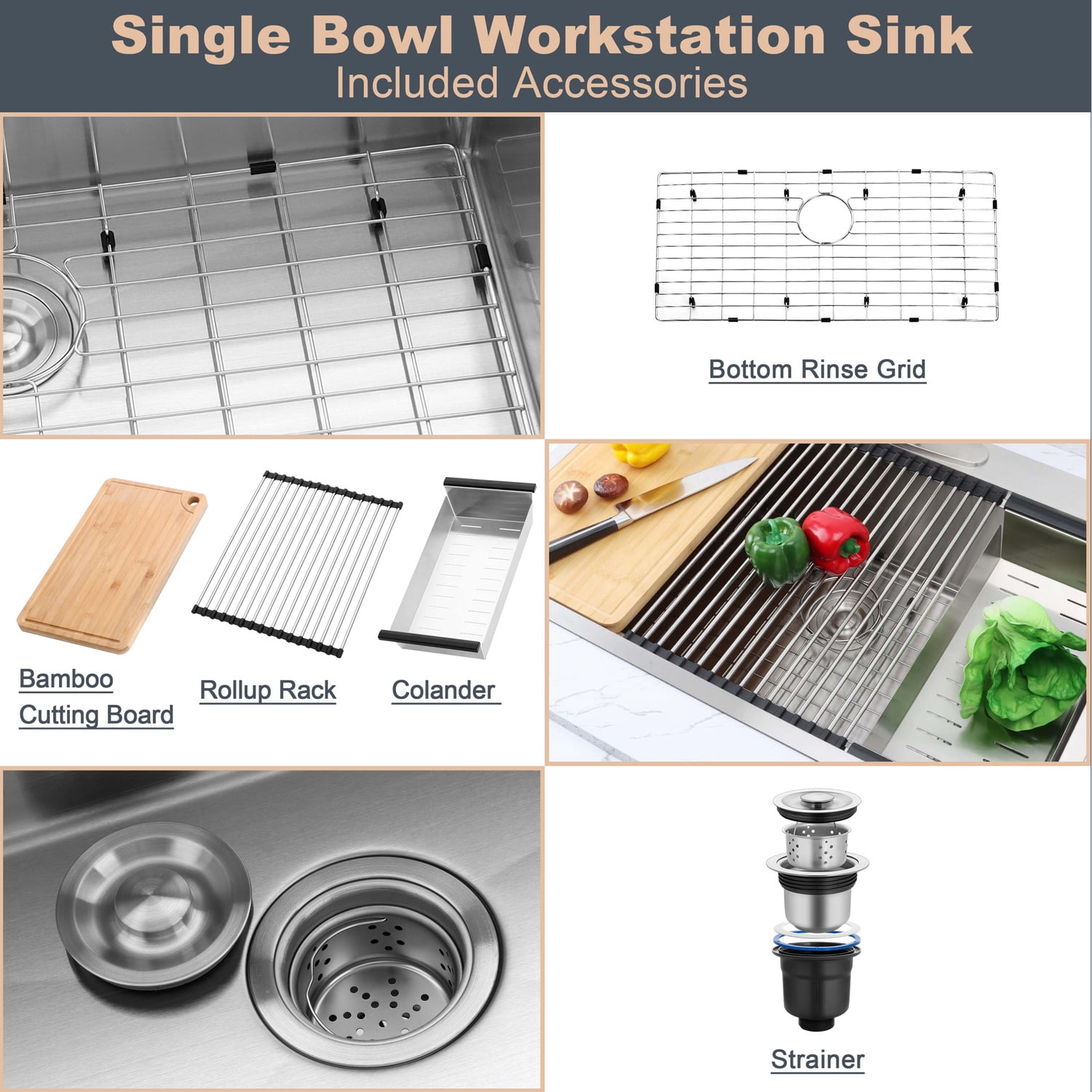 Coliware 33"X22" Workstation Kitchen Sink, 10 Deep Drop in Stainless Steel Topmount Single Bowl 2-Hole R10 Tight Radius Large Kitchen Sinks with Kit of 5 Accessories