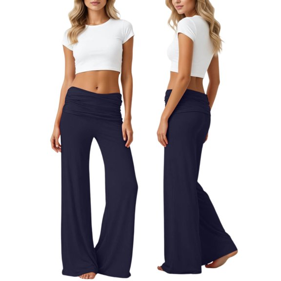 Fgnfyis Women's Wide Leg Sweatpants Folded Waist Yoga Pants Wide Leg Loose Casual Trousers Relaxed Sweatpants Pleated Detail Womens Pants Navy XXXXL