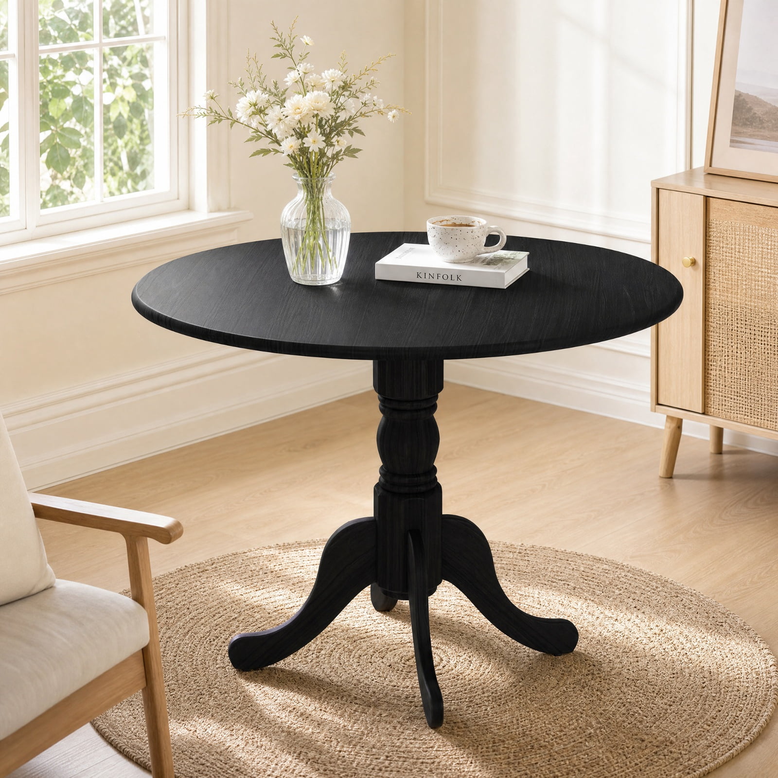 Furnibear Wooden Round Dining Table for 4 with Curved Trestle Legs and Adjustable Foot Pads for Kitchen and Dining Room, Black