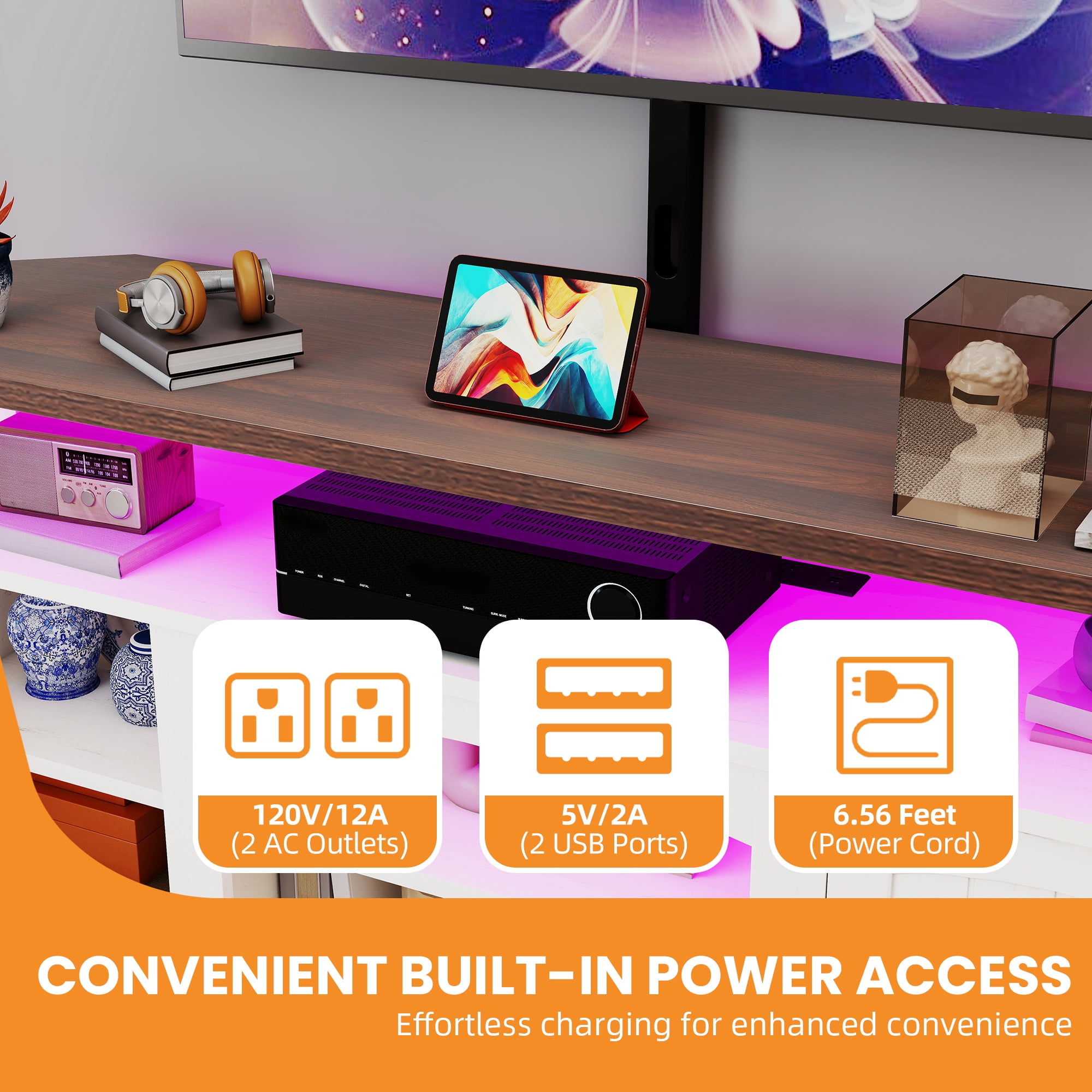 Craftian TV Stand with Mount & LED Lights, Farnhouse Entertainment Center with Power Hub for 70 Inch TV, Warm White