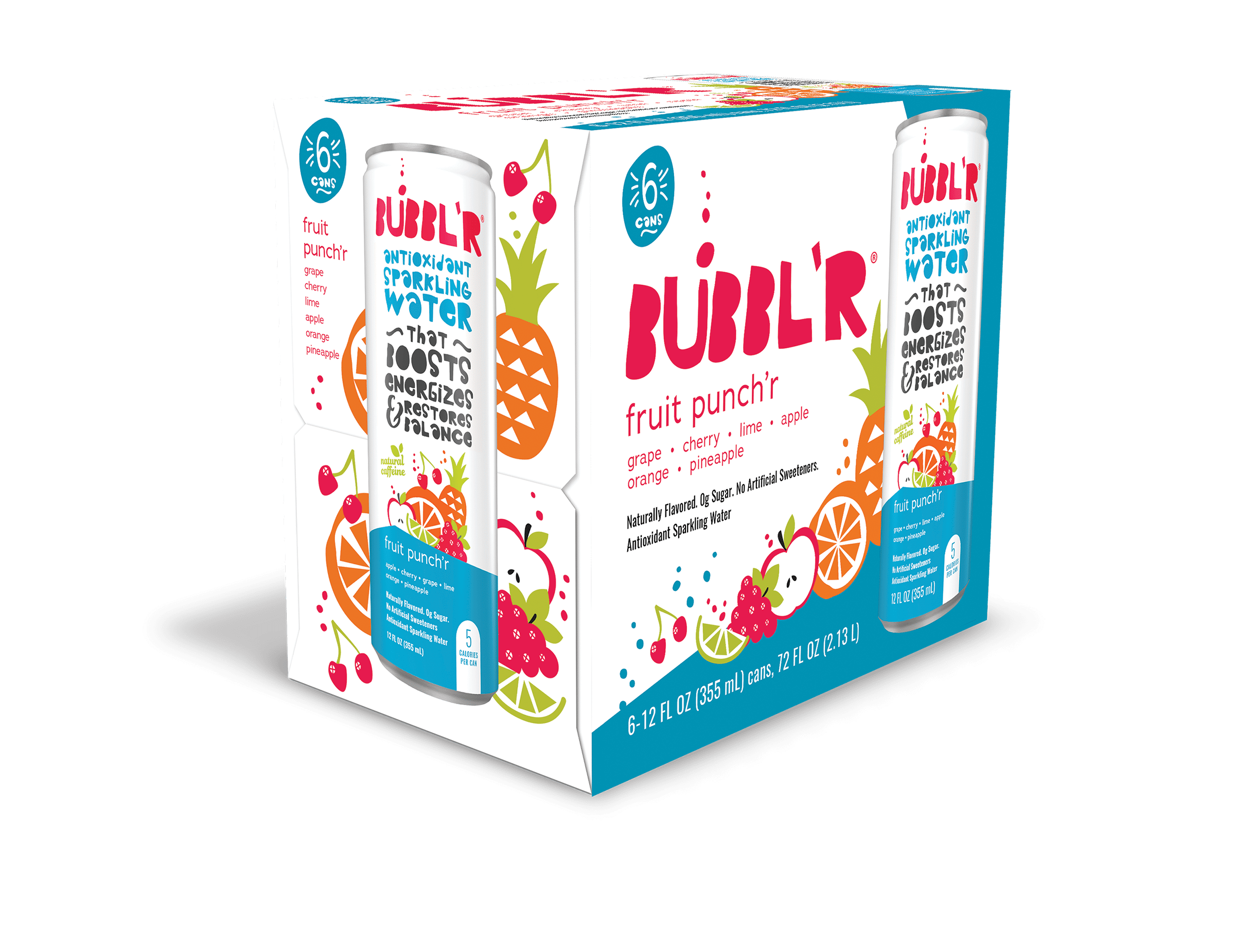 BUBBL'R Antioxidant Sparkling Water, Fruit Punch'r, 12 fl oz, 6 Pack Cans