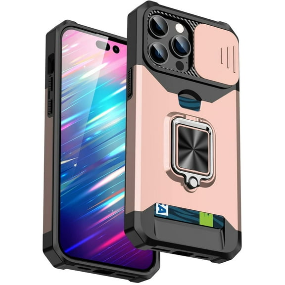 Dteck Phone Case for iPhone 14 Pro Max with Slide Lens Protection and Card Holder Hard Ring Stand Hybrid Mobile Slot Kickstand Cover, Rosegold