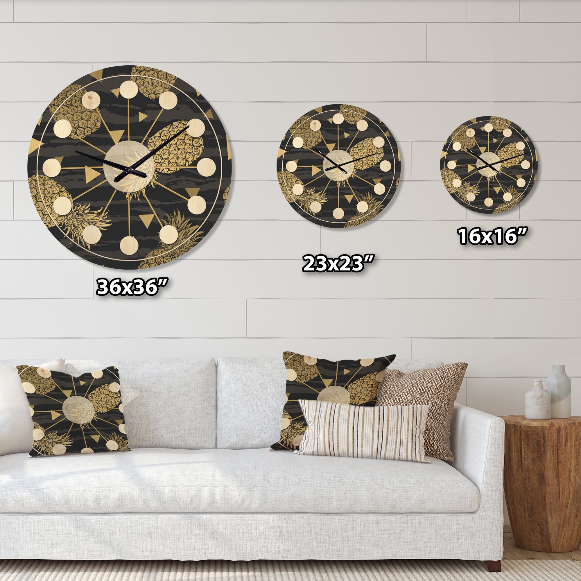 Designart 'Golden Pineapple On Black Horizantal' Mid-Century Modern Wood Wall Clock