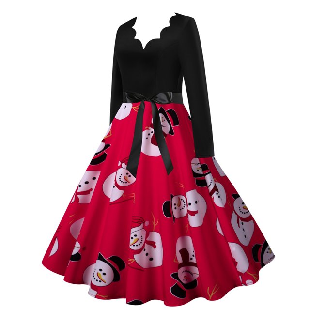 Moda mujer otoño Navidad cuello en V estampado suelto cómodo vestido de manga larga Fridja qw3829