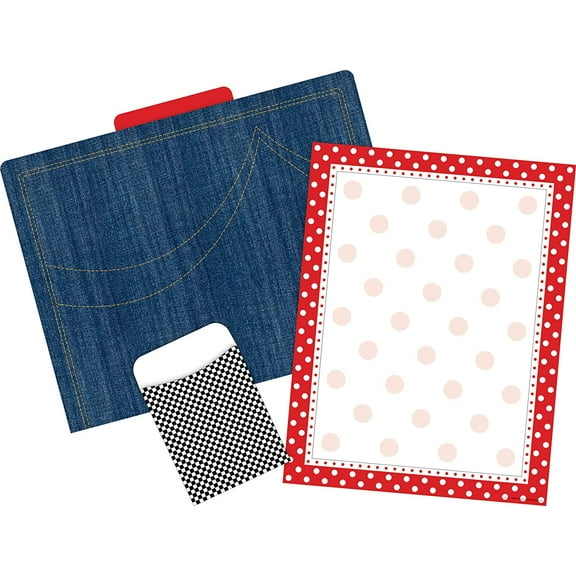 Barker Creek On-Trend Organizer Set, Denim, Coordinated Set includes 12 Designer File Folders, 50 Sheets of Decorative Computer Paper, and 30 Peel & Stick Library Pockets (4103)