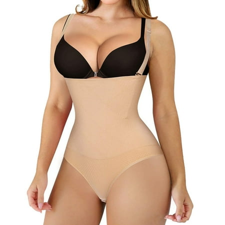 

Thong Bodysuit for Women Waist Trainer Tummy Control Hi-Waist Butt Lifter Panties Shapewear with Removable Straps Nude Large
