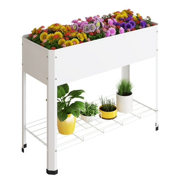 Walsport 40'' Raised Garden Bed Outdoor Elevated Planter Metal Plant Box with Legs Standing Garden Stand,Galvanized Steel Frame Planter Box for Vegetables, Flowers, Herbs, White