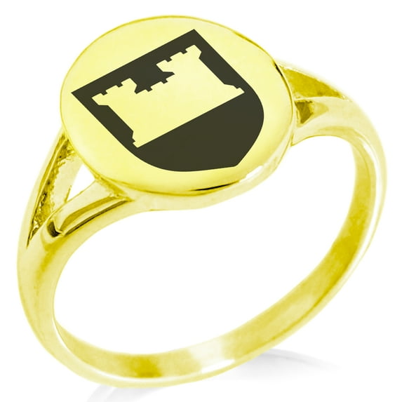 Stainless Steel Castle Protection Coat of Arms Shield Minimalist Oval Top Polished Statement Signet Ring