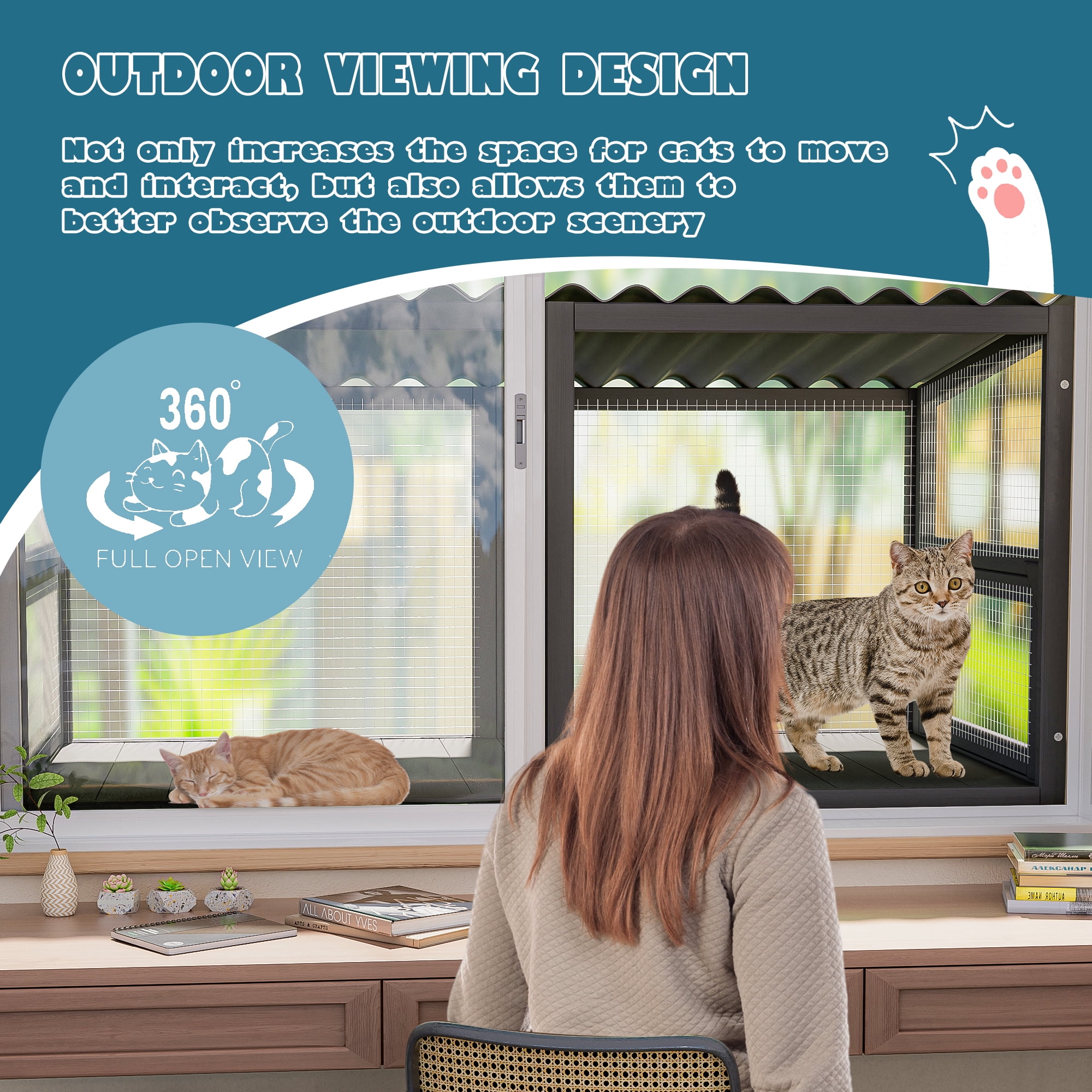 Haverchair Catio Cat Window Perch Outdoor, 360° Catio Cat Enclosure Window for Indoor Cat with Waterproof Roof, Cat Window Box with Metal Mesh Cat Door for Sunbathing, Napping, Overlook