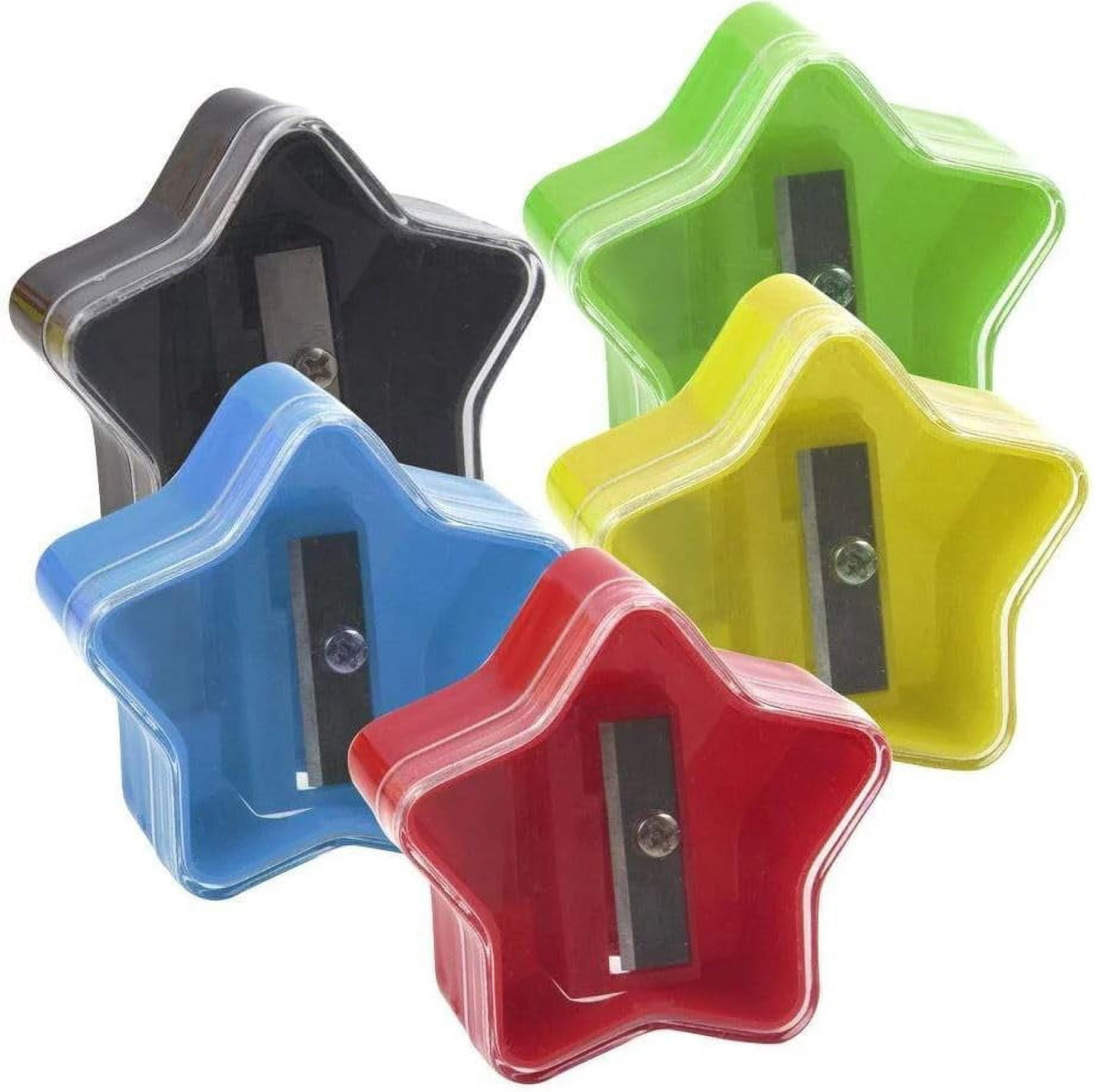 100 Pack of Bulk Wholesale Star Shaped Plastic Manual Handheld Pencil Sharpeners in Black, Red, Blue, Green and Yellow Color Assortment