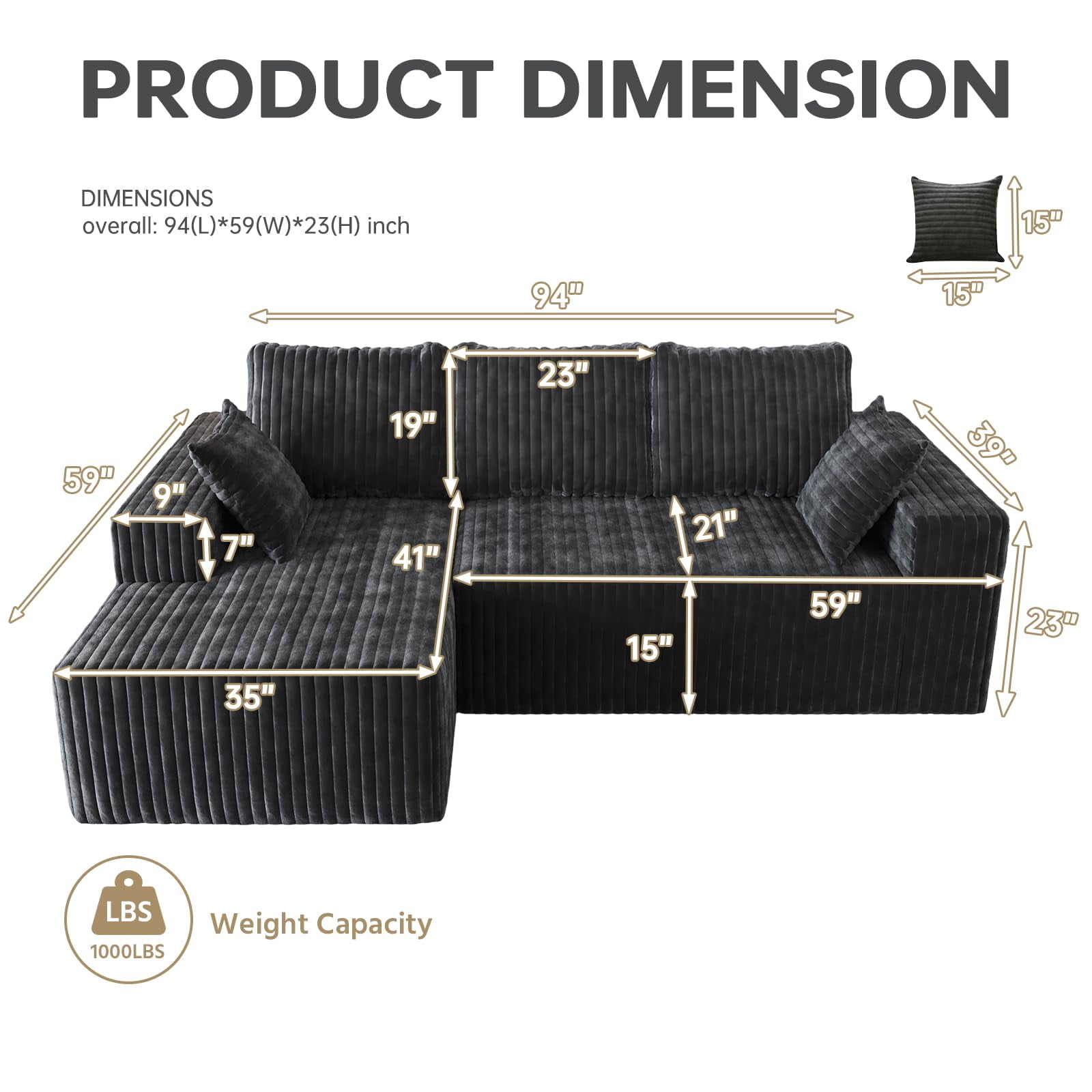 YVDNHP Modular Cloud Sofa - No Assembly Required, 94" Oversized L-Shaped Sectional with Chaise, Flannel Fabric Deep Seating Couch for Living Room
