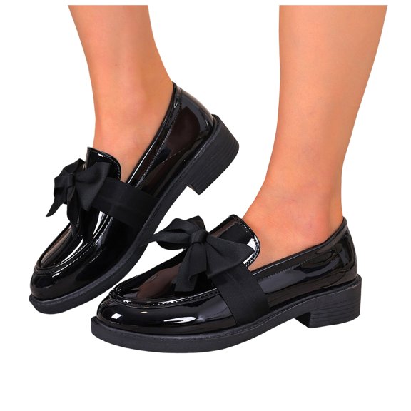 Rokment Womens Bowknot Oxfords Dress Shoes Spring Fall Vintage Casual Leather Platform Chunky Lug Mid Heels Slip on Boat Loafers Walking Footwear Black Size 6.5