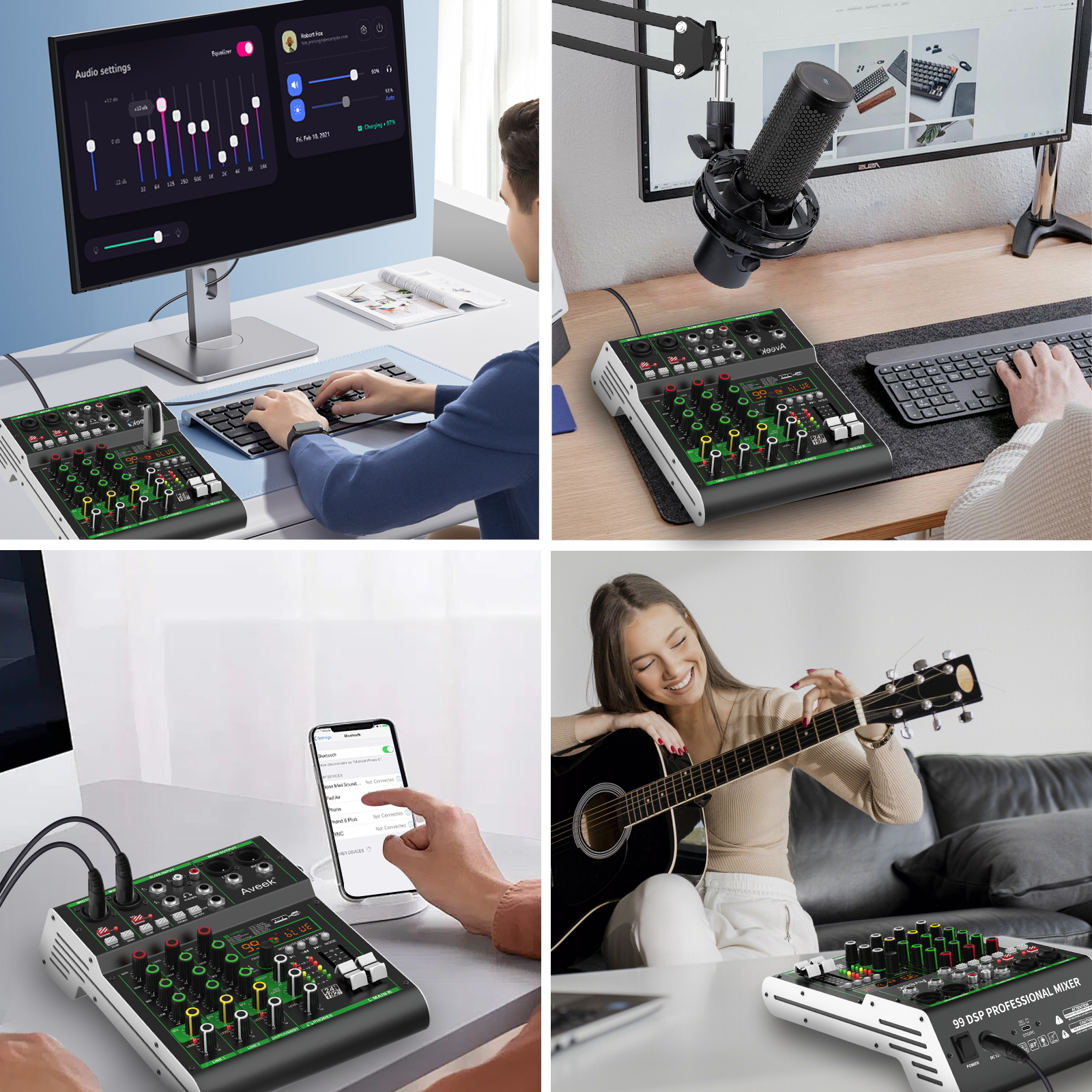 Aveek 4 Channel Audio Mixer, Professional Sound Board Mixing Console with Bluetooth USB, 48V Phantom Power & 99 DSP Effects for Karaoke Studio PC Recording Live Streaming