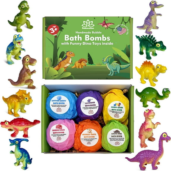 Bath Bombs for Kids with Surprise Inside Funny Dinosaurs Dino Toys Handmade in USA Natural and Safe by Relaxcation 6 Set