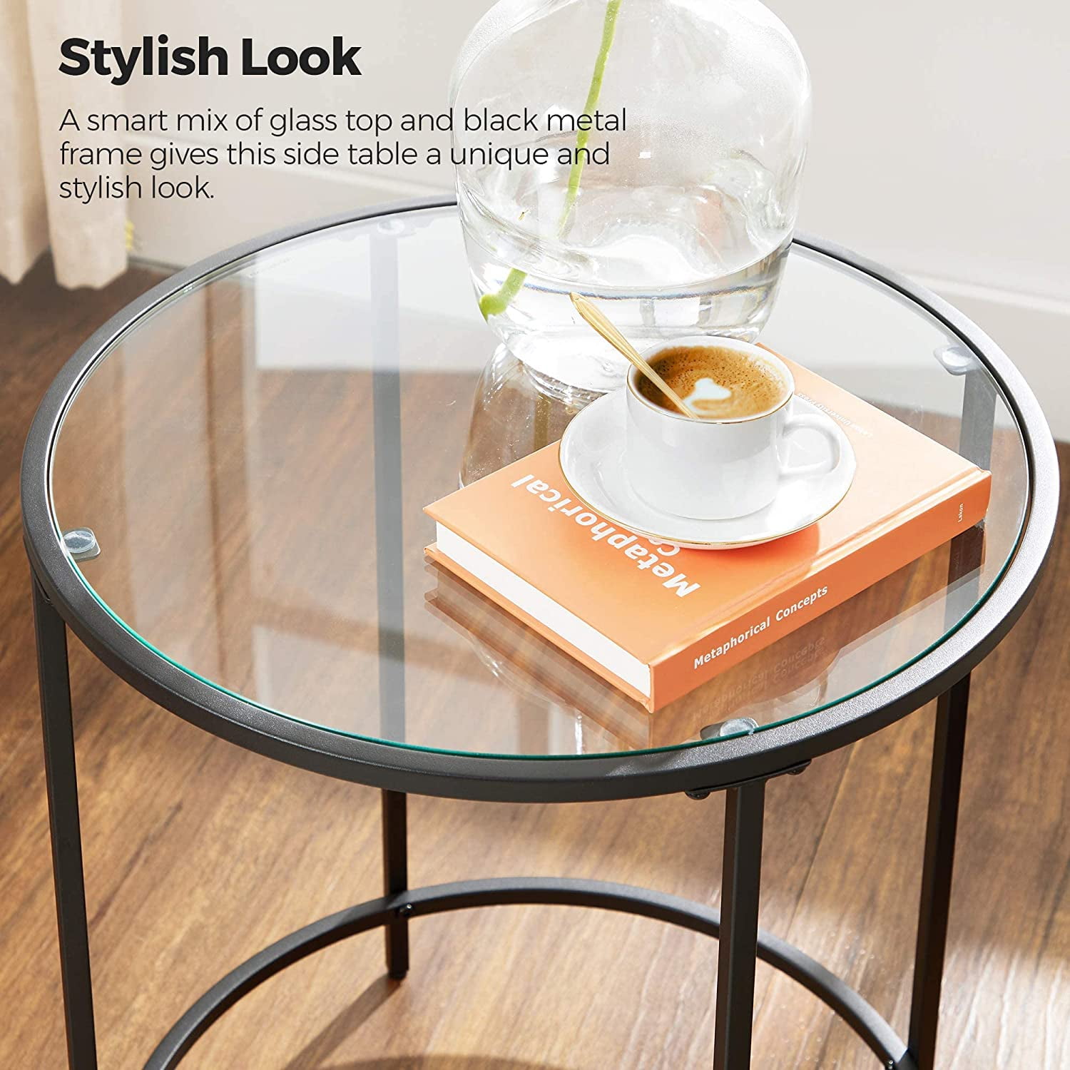 VASAGLE Round Side Table Glass End Table with Metal Frame Black Coffee Table with Modern Style for Living Room, Balcony, Bedroom, Black