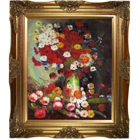 La Pastiche  Vincent Van Gogh 'Vase with Poppies Cornflowers Peonies and Chrysanthemums' Hand Painted Framed Canvas Art