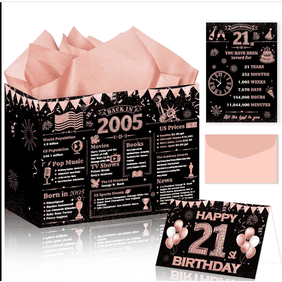 21st Birthday Gift Bag Women, Rose Gold Back in 2005 Black Pink Design Wrap Bags Set with Tissue Paper Card Envelopes Poster, Birthday Party Favors