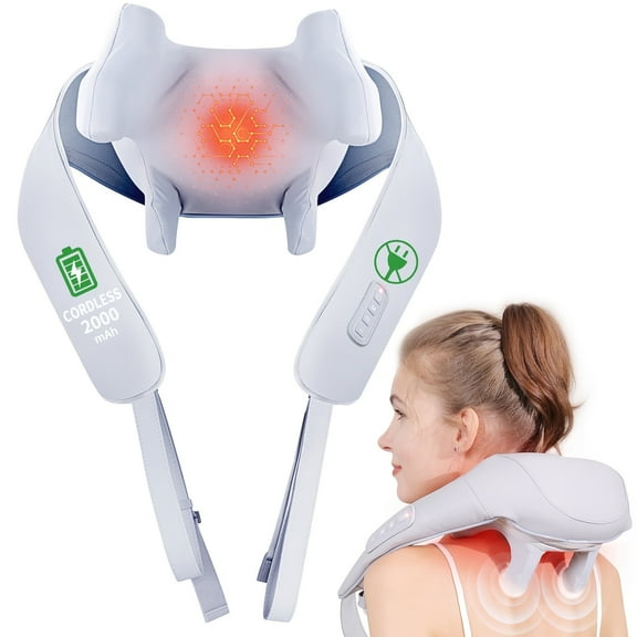 MASGRE neck massager, deep tissue massage for pain relief, 6D wireless neck and shoulder massager, with heating function, suitable for neck, shoulder leg, suitable for home, office use.