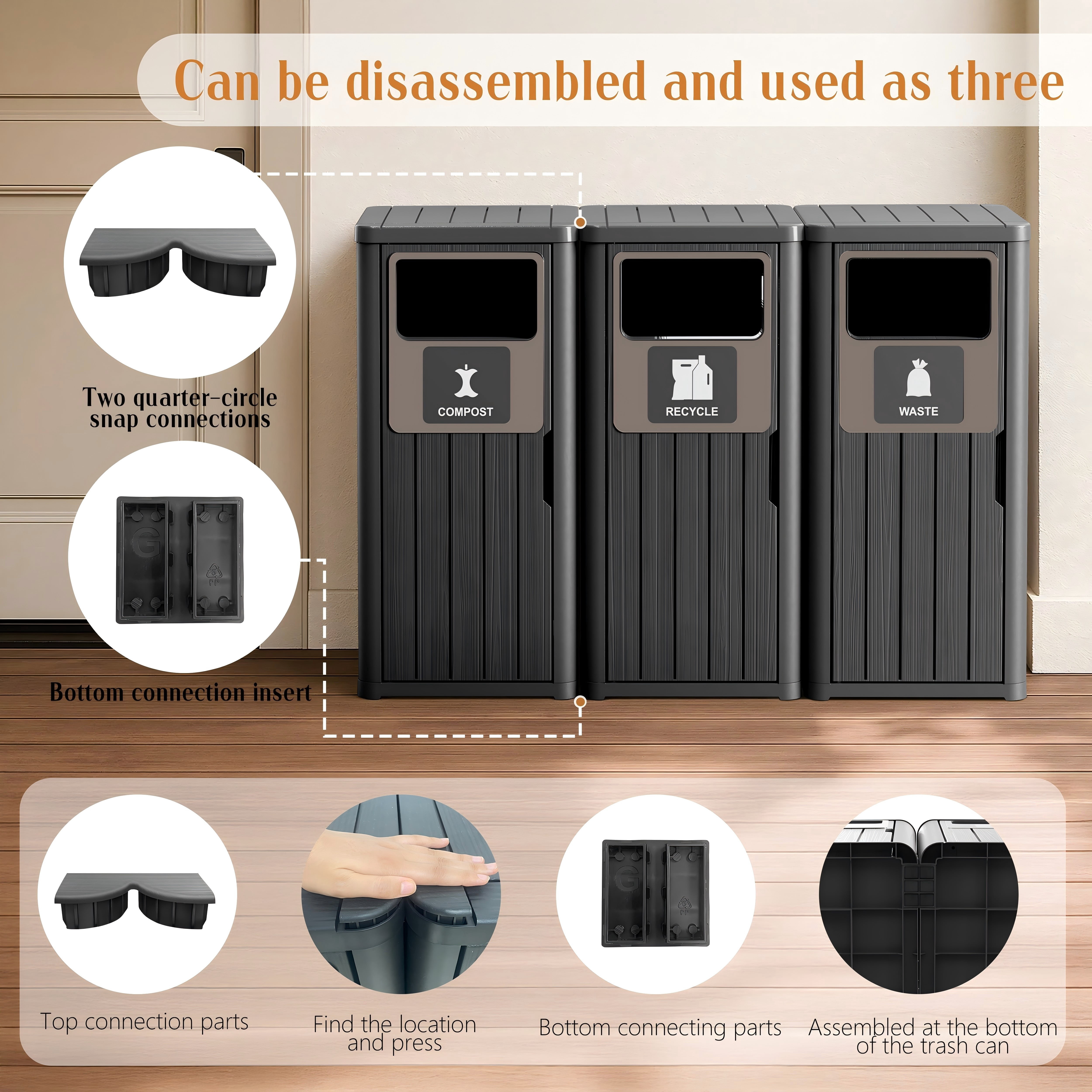 Outdoor Single Barrel Trash Can,Waterproof Resin Garbage Can with Garbage Labels,Durable Waste Bin for Porch, Backyard,Kitchen,for 30 to 39 Gallon Trash Bags（Black，3)