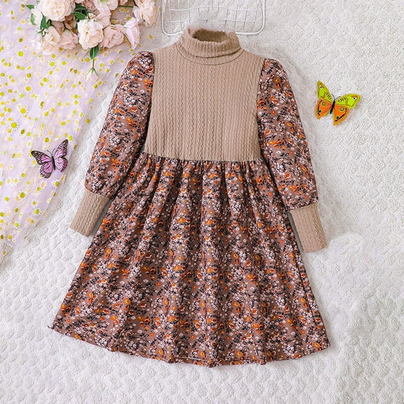 YWDJ Girls Special Occasion Dresses 8-12 Years Dress High Round Neck Long Sleeve Corduroy Patchwork Knit Floral Dress Red 12T