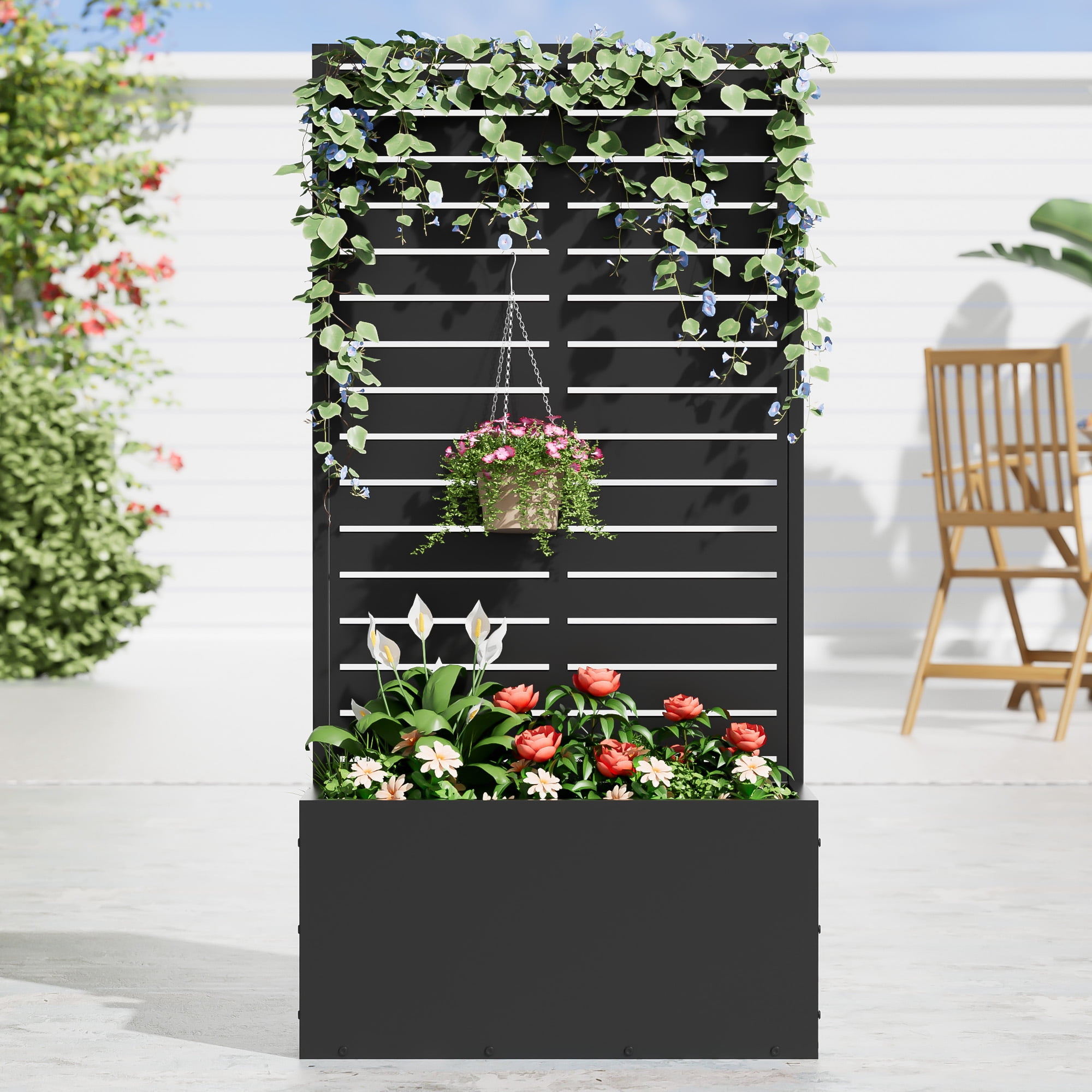 MAYEERTY 2-Set 47*24" Outdoor Black Metal Planter Box with Trellis for Climbing Plants, Louvered Panel